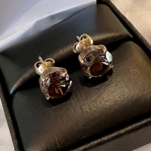 Vintage Handmade Smokey Quartz Stud Earrings. Antique Gold Designer Earrings - Picture 17 of 17